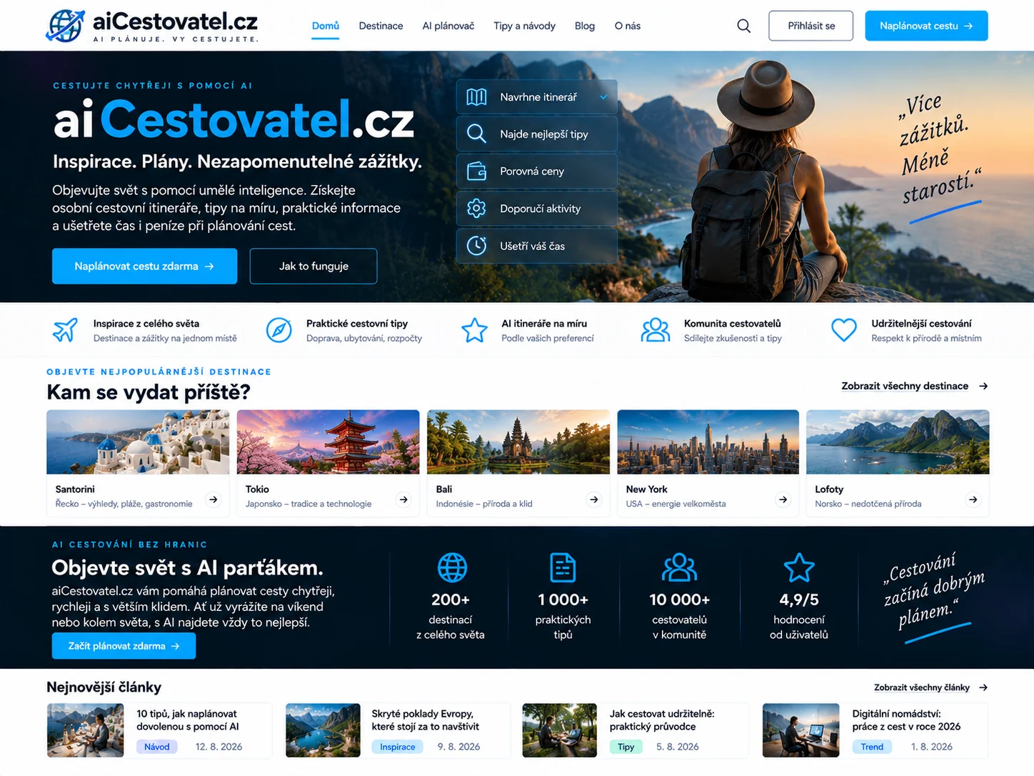 Ilustrační návrh cestovního plánovače aiCestovatel.cz s destinacemi a mapou